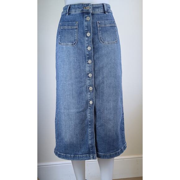 M&S VTG Denim Jean Skirt 4 Blue Midi Pencil 4 Button Front Patch Pockets 90s - Picture 10 of 10